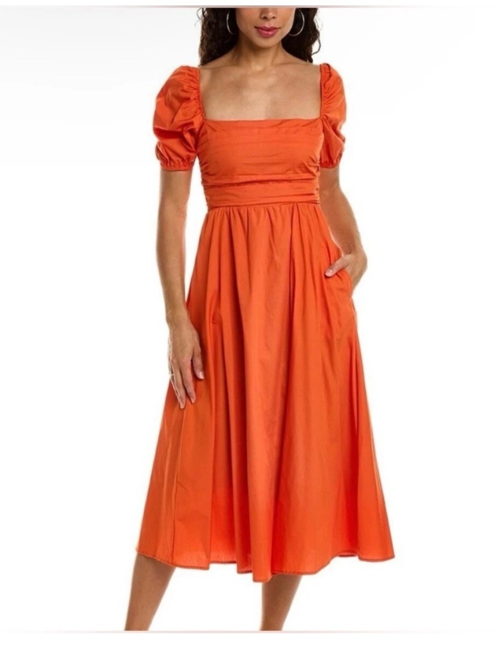 O.P.T. River Pleated 100% Cotton Bright Orange Puff Sleeve Maxi Dress
